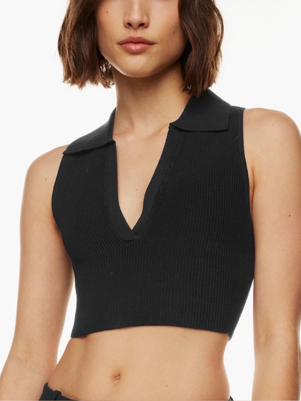 Babaton Black Ribbed Sleeveless Collared V-Neck Top